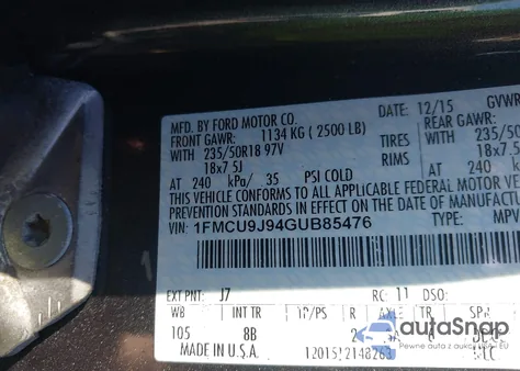 2016 Ford Escape Titanium z USA, uszkodzony, nr VIN 1FMCU9J94GUB85476